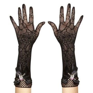 RĘKAWICZKI CZARNE KORONKA CZAROWNICA WIEDŹMA PIRATKA CZASZKI 34 CM