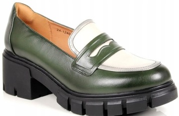 PÓŁBUTY DAMSKIE MOKASYNY PLATFORMA GRUBA PODESZWA LORDSY ZIELONE POTOCKI