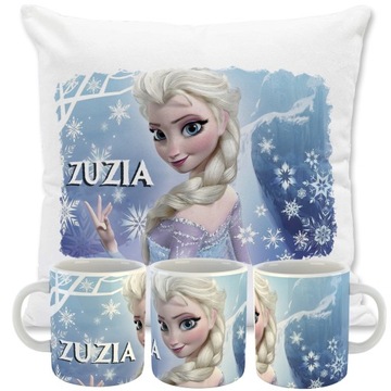 ZESTAW KUBEK + PODUSZKA FROZEN KRAINA LODU + IMIĘ PREZENT NA URODZINY ELSA