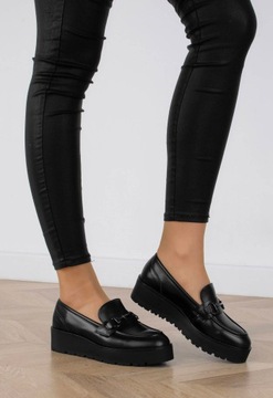 ЧЕРНЫЕ ТУФЛИ МОКАСИНЫ, СДВИЖНЫЕ НА ПЛАТФОРМЕ, КОЖАНЫЕ ЛОФЕРЫ 39