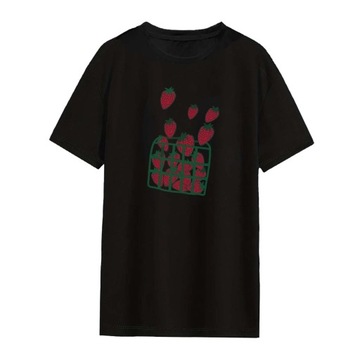 Damska koszulka z krótkim rękawem, okrągłym dekoltem, swobodnym nadrukiem w owoce, miękka, modna XL