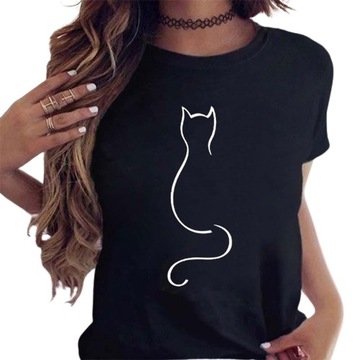 MODNA DAMSKA KOSZULKA Z T-SHIRT Z KOTKIEM CZARNY