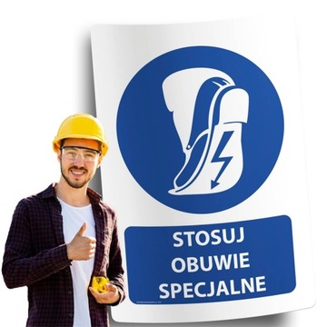 Naklejki BHP znak ostrzegawczy STOSUJ OBUWIE SPECJALNE