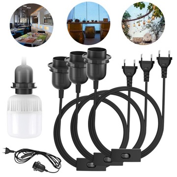 3X OPRAWA LAMPY E27 Z PRZEŁĄCZNIKIEM Z WTYCZKĄ, OPRAWKA E27 Z KABLEM 3M