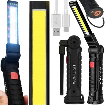 LATARKA WARSZTATOWA LED COB USB MOCNA LAMPA LAMPKA + HAK MAGNES AKUMULATOR