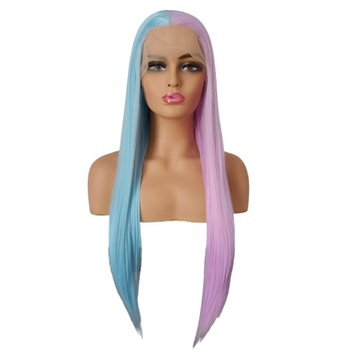 Peruka LACE FRONT kolorowa błękitna niebieska różowa róż + czepek GRATIS