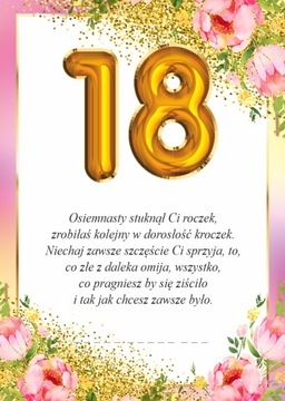 DYPLOM URODZINOWY prezent certyfikat 18 urodziny tort balony A4 18