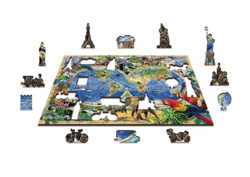 Drewniane Puzzle z figurkami - Zwierzęta świata mapa rozm. XL,