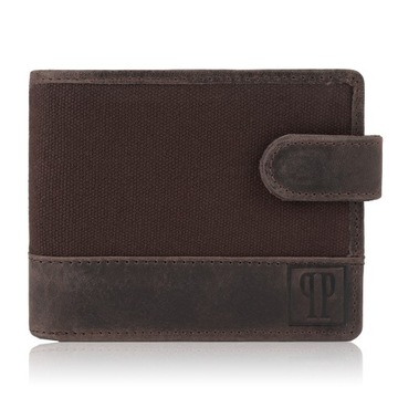 Portfel męski młodzieżowy vintage brązowy na patkę RFID, skóra + canvas