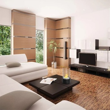 БИОКАМИН ИЗ СТЕКЛЯННОЙ ТЕРРАСЫ, СТОЛ, ЧЕРНЫЙ КАМИН