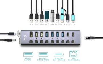 Концентратор USB 3.0/USB-C, 9 портов LAN + адаптер питания