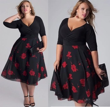 Rozkloszowana POLSKA kopertowa sukienka Plus Size kwiaty (44-54) 48 4XL