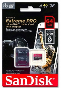 Карта SanDisk micro SD 64 ГБ EXTREME PRO 200 МБ/с 4K SDXC U3 С АДАПТЕРОМ