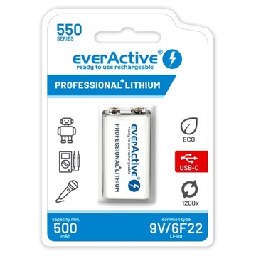 аккумулятор EverActive 550 мАч 6f22 9 В, готовый к использованию USB тип C, литий-ионный МОЩНЫЙ