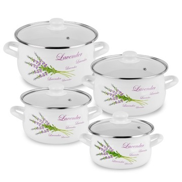 KOMPLET GARNKI zestaw garnków emalia LAWENDA BIAŁE 8 el.