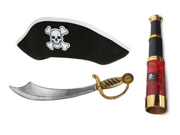 ZESTAW PIRATA CZAPKA SZABLA LUNETA KORSARZ 3el