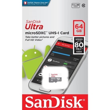 SANDISK 64 ГБ micro SD XC класс 10 ULTRA 100 Мс UHS1