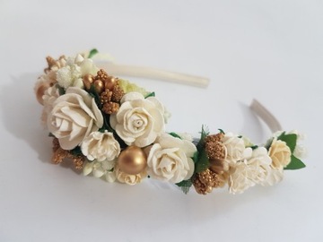 OPASKA KWIATY ECRU+ZŁOTO KOMUNIA RÓŻYCZKI