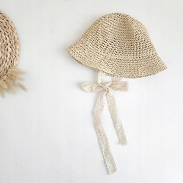 Letni słomkowy kapelusz dziecięcy Koronkowy kapelusz typu Bucket dla dzieci Kapelusze przeciwsłoneczne dla dzieci Khaki 48 cm