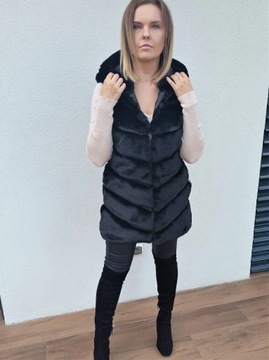 Длинный меховой жилет с капюшоном, Мех L/XL