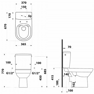Компактный унитаз 37x77x67см БЕЗОБЕДНИК вертикальный/горизонтальный
