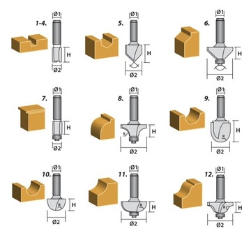 Фрезы с хвостовиком Widia 8MM по дереву НАБОР ГРАФИТОВЫХ фрез, 12 предметов