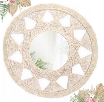 OKRĄGŁE LUSTRO BOHO MAKRAMA ŚCIENNE 53cm NATURALNE