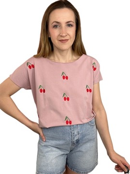 Luźna koszulka t-shirt haftowane wisienki cherry laserowo cięta S M L Fancy