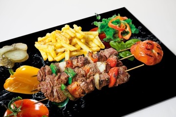 Доска СТЕКЛЯННАЯ для подачи Закусок-ГРИЛЬ, мотив Мясо, Овощи, 40x30см