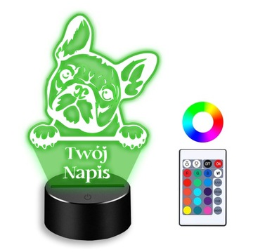 Lampka nocna LED 3D, 16 kolorów z pilotem, TwójGrawer pies Buldog francuski