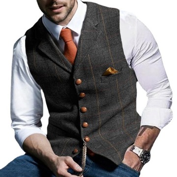Brown Casual Gentleman Men's Army Green Vest Plaid
