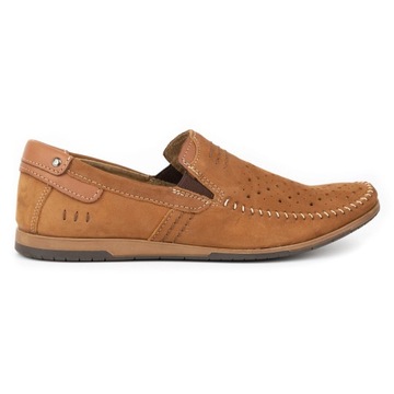 Buty męskie skórzane mokasyny wsuwane na lato ażurowe 876L camel brąz 43