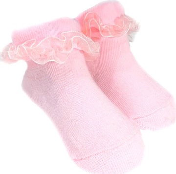SKARPETECZKI różowe z tiulową falbanką 3-6 m 6-7 cm bezuciskowe skarpetki