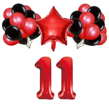 ZESTAW BALONY 11 URODZINY CZERWONY CZARNY 11 ROCZNICA ŚLUBU