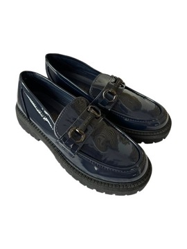 GRANATOWE LAKIEROWANE MOKASYNY LOAFERSY 38