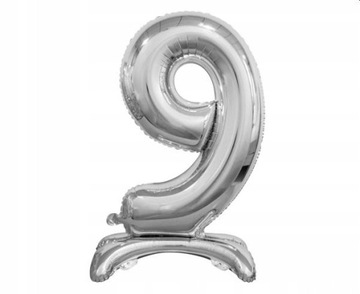 Balon foliowy Cyfra stojąca 9, srebrna, 38 cm