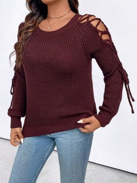 BORDOWY PRĄŻKOWANY SWETER SZNUROWANE RĘKAWY PLUS SIZE SHEIN 1XL