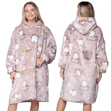 KOC BLUZA Oversize Gruba KOCOBLUZA 2w1 XXL Wzór KOTKI Futrzak Bluzo Koc