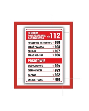 NAKLEJKA INFORMACYJNA TELEFONY ALARMOWE SAMOPRZYLEPNA 30x20CM POMOC RATUNEK