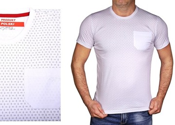 Koszulka męska biała z kieszonką we wzory Tshirt bawełniany Polska 3XL