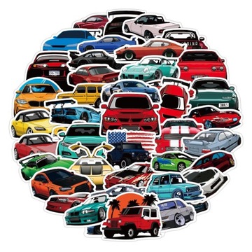 WLEPY NAKLEJKI WODOODPORNE STICKER MIX AUTA 50szt
