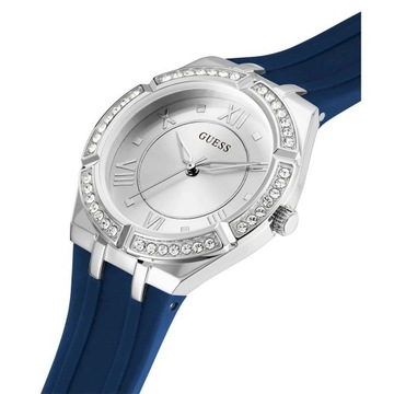 Srebrny zegarek damski Guess Cosmo z granatowym paskiem z kryształami GW003