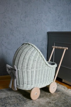 Плетеная коляска для кукол MINT, толкатель + постельное белье