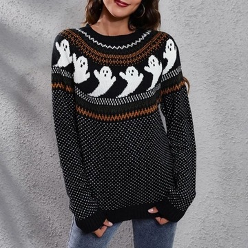 Cartoon Ghost Print Sweater Cozy Halloween Style S