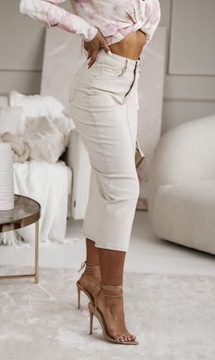 ДЛИННАЯ ДЖИНСОВАЯ ЮБКА С РАЗРЕЗОМ, БЕЖЕВАЯ, ДЛЯ ПОХУДЕНИЯ, РАЗМЕРЫ PL