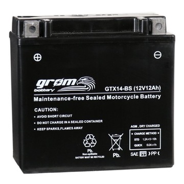 AKUMULATOR GROM GTX14-BS MTX14-BS YTX14-BS BTX14-BS 12V 12Ah 200A KATOWICE