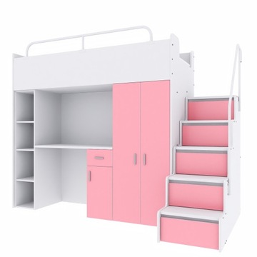 Łóżko piętrowe JSM4 80x190 cm z szafą, biurkiem i schodami różowy mat