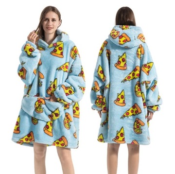 ZIMOWY SZLAFROK LUŹNY KOC DAMSKI BLUZA Z KAPTUREM OVERSIZE PIZZA