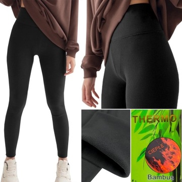 OCIEPLANE LEGGINSY BAMBUSOWE PRĄŻKOWANE wysoki stan CIEPŁE KRYJĄCE, XXL