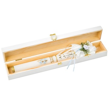 КРЕЩЕННАЯ СВЕЧА, БЕЛАЯ ДЕРЕВЯННАЯ КОРОБКА С ГРАВИРОВКОЙ